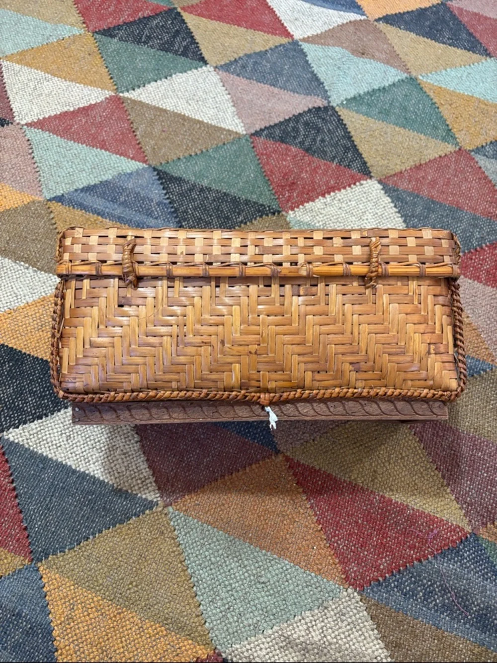 Woven Rattan Basket in Natural Tan With Wood Accents Boho Rustic
